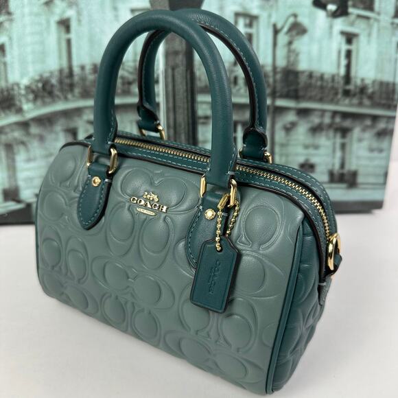 Coach CY744 Mini Rowan Crossbody Bag In Blocked Sig Leather IN Dark Turquoise - Picture 3 of 9